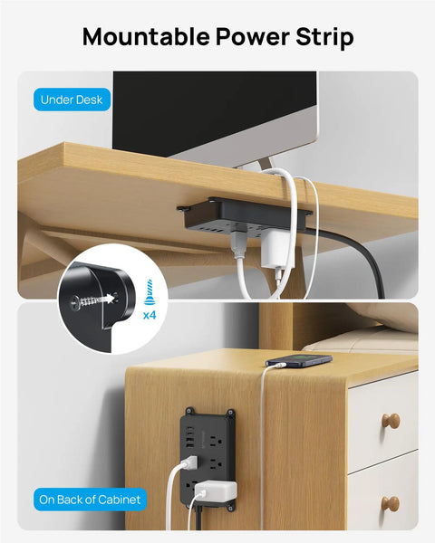 Black Surge Protector Power Strip With USB Ports And 10ft Extension Cord, wall-mounted under desk and on cabinet back.