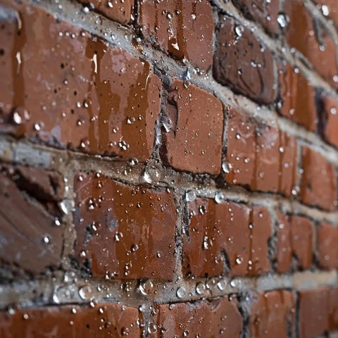 Close-up of wet brick wall treated with Penetrating Siloxane PD Weather Seal For Concrete, Masonry, Stucco And Manufactured Stone.