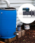 Three Quarter Inch PVC Rain Barrel Spigot Kit With Garden Hose Adapter And Bulkhead Fitting Easy Install Ball Valve shown on blue barrel