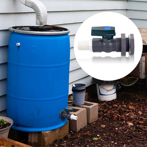 Three Quarter Inch PVC Rain Barrel Spigot Kit With Garden Hose Adapter And Bulkhead Fitting Easy Install Ball Valve shown on blue barrel