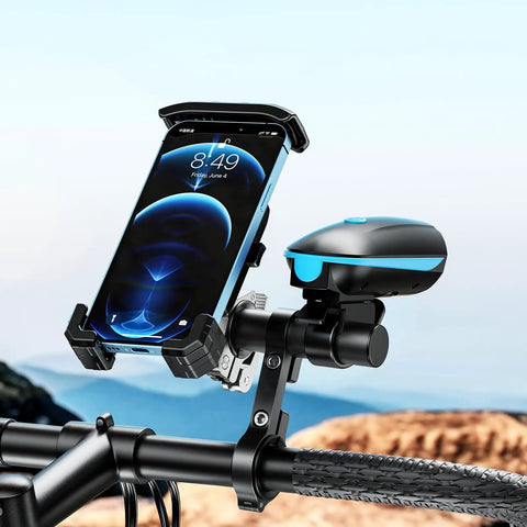 Bike Handlebar Extender 10cm Aluminum Alloy Single Clamp Mount with phone and device, mountain road landscape, fits 25.4mm to 31.8mm bars