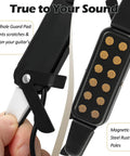 Close-up of Clip On Acoustic Guitar Pickup for Steel String Guitars 38 to 42 inches with soundhole guard pad and steel poles.