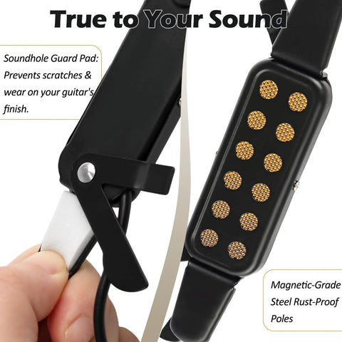 Close-up of Clip On Acoustic Guitar Pickup for Steel String Guitars 38 to 42 inches with soundhole guard pad and steel poles.