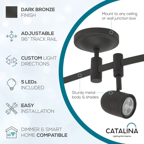 Oil Rubbed Bronze 96 Inch LED Flex Track Lighting Fixture With 5 Adjustable Heads Bulbs Included Customizable Ceiling Track