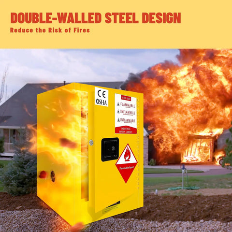 Heavy Hitter Fireproof Flammable Safety Cabinet Rock Solid Steel Chemical Storage Locker With Indestructible Shelving For Garage Workshop And Home Lab Setup In Bright Yellow