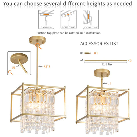 Gold Crystal Chandelier Pendant Light Four Light Industrial Fixture Square 11.81 Inch with adjustable height and accessories list