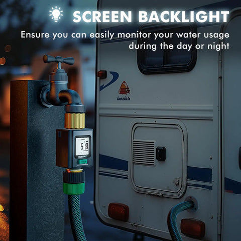 Smart Water Flow Meter With Backlit Screen And Brass Inlet And Outlet, shown tracking water usage on an RV setup in low light.