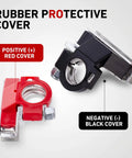 Garage Ready Heavy Duty Battery Terminal Connectors 2Pcs With 3Way Top Post Cable Clamps Universal Positive Negative 12Volt Rust Proof Zinc Coated For Cars Trucks Vans Silver showing red positive and black negative rubber protective covers.