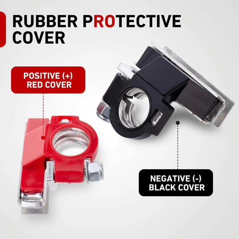 Garage Ready Heavy Duty Battery Terminal Connectors 2Pcs With 3Way Top Post Cable Clamps Universal Positive Negative 12Volt Rust Proof Zinc Coated For Cars Trucks Vans Silver showing red positive and black negative rubber protective covers.