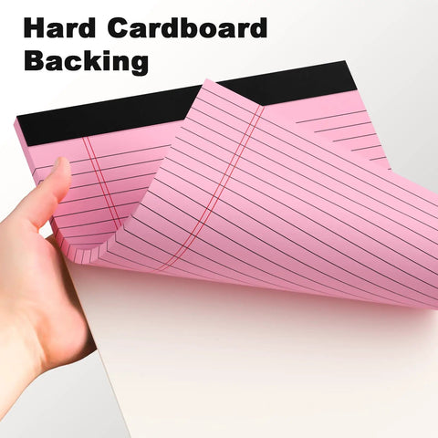 Person holding Pink Legal Pad 8.5 X 11 Wide Ruled Writing Pad Set With Perforated Backing 30 Sheets Per Pad, showing hard cardboard backing.