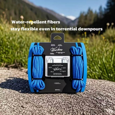 Two Pack Outdoor Rope Adjusters For Camping with water-repellent fibers displayed on grass with mountain backdrop