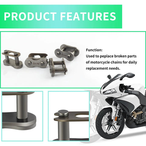 Heavy Duty 420 Chain Master Link With Quiet Roller Design For Smooth Motorcycle And Dirt Bike Drivetrains, display of metal connectors.