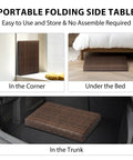 Portable Folding Wicker Table With Steel Frame For Outdoor Use stored in trunk, under bed, and corner