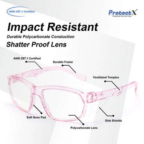 Anti Fog And Scratch Resistant Safety Glasses For Men And Women, Clear Pink Frame with Polycarbonate Lenses, UV Protection