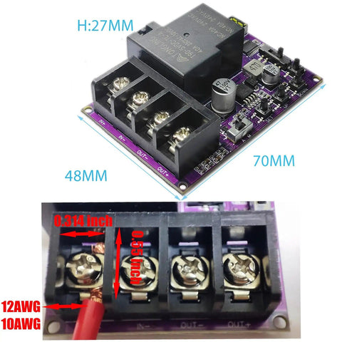 2 In 1 Low Voltage Protector For Batteries, 40A DC 5V To 60V Cutoff With LCD Display showing size and terminal details