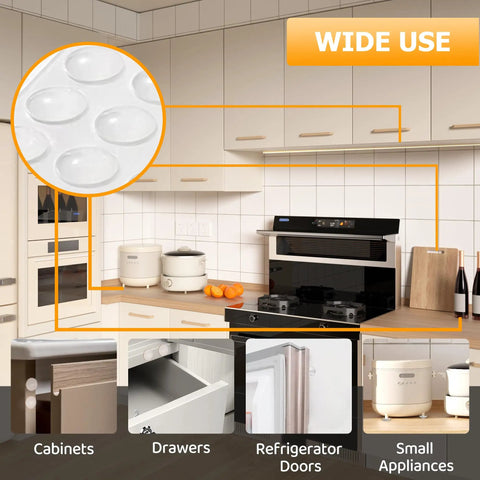 Clear Cabinet Door Bumpers 120 Pack Self Adhesive Rubber Cushions for quiet cabinet drawers in a kitchen setting