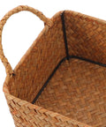 Spacious Open Top Seagrass Woven Storage Basket With Heavy Duty Handles For Kitchen Farmhouse Pantry Bathroom, showing woven texture and handles.