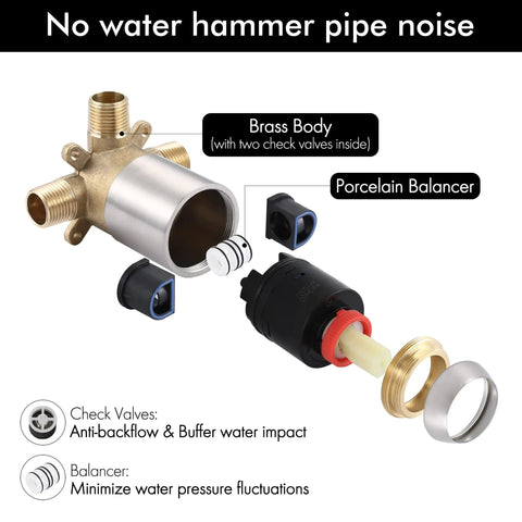 Complete Shower Faucet Set With Rain Shower Head Brushed Nickel Finish Anti Scald Pressure Balance Valve trim components.