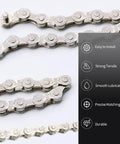 Close-up of steel bike chain from Bike Chain Repair Kit For 6/7/8 Speed Bikes With Chain Breaker And Link Pliers, featuring easy install icons.