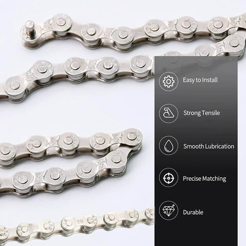 Close-up of steel bike chain from Bike Chain Repair Kit For 6/7/8 Speed Bikes With Chain Breaker And Link Pliers, featuring easy install icons.