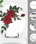 Round Resin Toilet Seat for Bathroom with red roses design, measures 14.5" x 16.5", features stainless steel hinges and quick release.