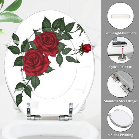 Round Resin Toilet Seat for Bathroom with red roses design, measures 14.5" x 16.5", features stainless steel hinges and quick release.