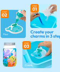 Glow In The Dark Water Gel Kit For Kids With Ten Gels Twelve Sea Creature Molds Preserving Bottle And Sparkle Gels For A DIY STEM Arts And Crafts Fun Toy Set showing three-step process to create gel charms with molds.