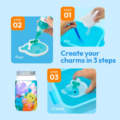 Glow In The Dark Water Gel Kit For Kids With Ten Gels Twelve Sea Creature Molds Preserving Bottle And Sparkle Gels For A DIY STEM Arts And Crafts Fun Toy Set showing three-step process to create gel charms with molds.