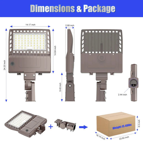 Dimensions and package of 150W LED Pole Light Dusk To Dawn With Slip Fitter, 21000 Lumens, IP65 Outdoor Stadium And Parking Lot Lighting