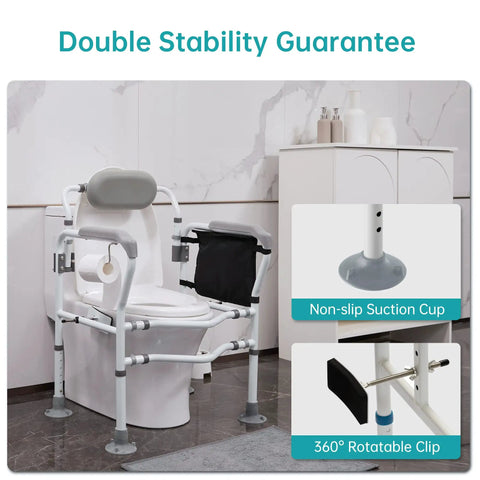 Toilet Safety Rail With Standalone Frame Adjustable Grab Bar Handles Detachable Backrest Non Slip Vacuum Suction Cups