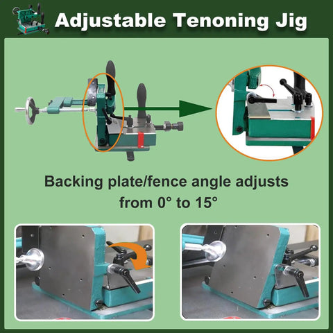 Woodworking Tenoning Machine With Adjustable Support Plate 0 To 45 Degree Tilt 82.5mm Clamp Capacity showing angle adjustment