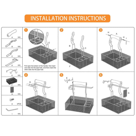 Installation instructions for Grill Caddy With Paper Towel Holder And Seven Compartment Organizer for outdoor BBQs and more.