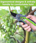 Person using 8 Inch Bypass Pruning Shears With Sharp SK5 Steel Blades For Smooth Pro Grade Cuts, Rust Resistant Garden Pruner With Ergonomic Rubber Handles And Shock Absorbing Pad to cut grapevine