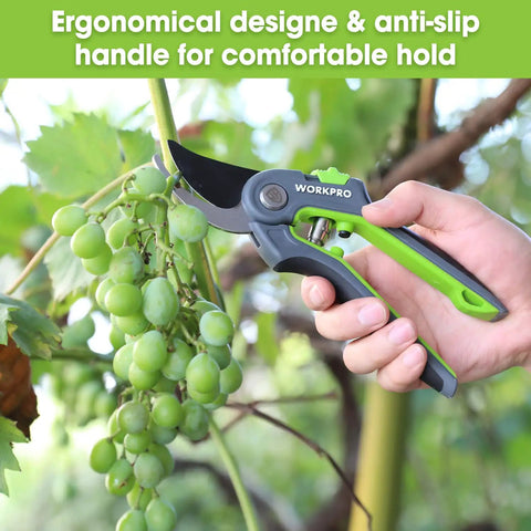 Person using 8 Inch Bypass Pruning Shears With Sharp SK5 Steel Blades For Smooth Pro Grade Cuts, Rust Resistant Garden Pruner With Ergonomic Rubber Handles And Shock Absorbing Pad to cut grapevine