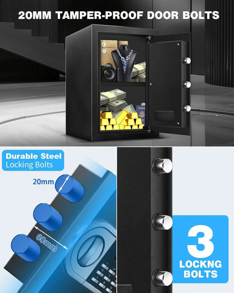 2.5 Cu Ft Home Safe Box with open door showing jewelry, gold bars, and 20mm steel locking bolts, highlighting fireproof, anti-pry design.