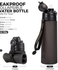 Collapsible 21oz Silicone Water Bottle With Straw Carry Strap Leakproof Screw Lid Wide Mouth BPA Free Travel Hydration Cup