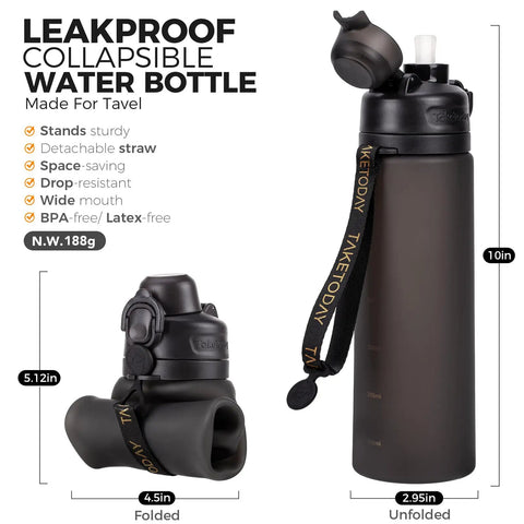 Collapsible 21oz Silicone Water Bottle With Straw Carry Strap Leakproof Screw Lid Wide Mouth BPA Free Travel Hydration Cup