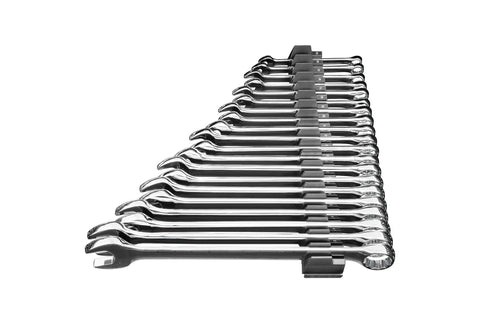 Side view of Modular Wrench Organizer for twenty tools with magnetic base built in the USA, holding assorted wrenches neatly aligned.