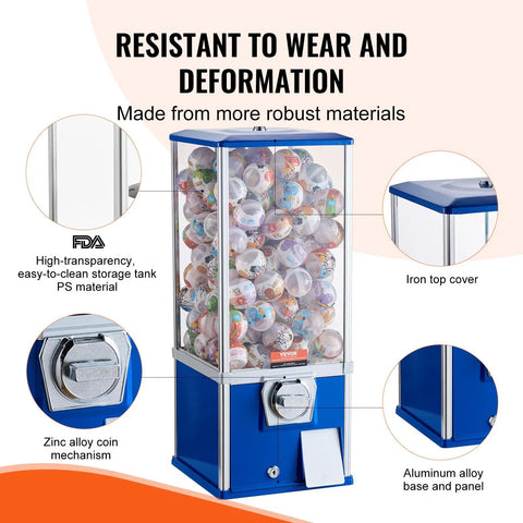 Heavy Duty Coin Operated Gumball Machine For Kids Stands Rock Solid At Twenty Five Inches And Holds Two Hundred Thirty Plastic Capsule Toys Built For Any Backyard Bash Or Game Day Spread with clear storage tank and zinc alloy mechanism.