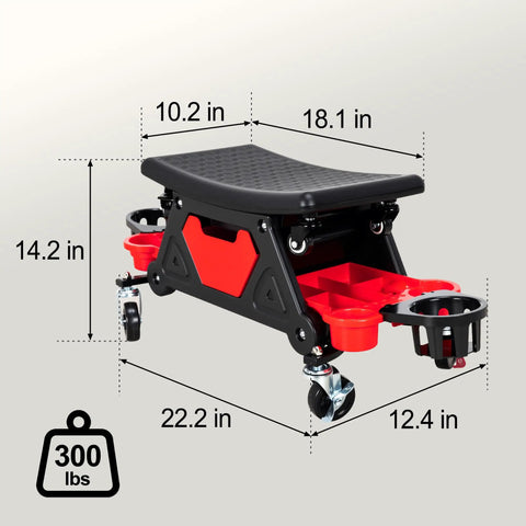 2 In 1 Rolling Mechanic Stool And Creeper Seat With Modular Removable Cushion Tool Tray Heavy Duty 300 Lbs Capacity image with dimensions