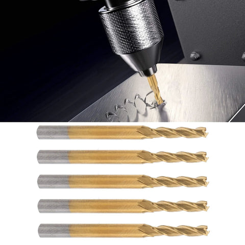 5Pcs tungsten steel end mills, gold-coated 3-flute CNC cutters for wood, plywood, acrylic, plastic, PCB