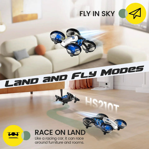 2 In 1 Mini Indoor Drone For Kids With Land And Fly Modes 3D Flips Auto Hover RC Quadrocopter hovering in a living room