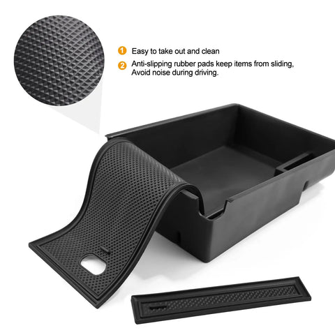 Close-up of Kia Sportage Center Console Organizer Armrest Tray Insert Black for NQ5 with rubber anti-slide mat and insert compartment