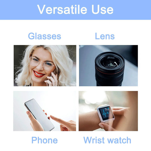 Versatile use of Alcohol Free Lens Wipes For Glasses And Screens Streak Free 220 Count on glasses, camera lens, phone, and smartwatch.