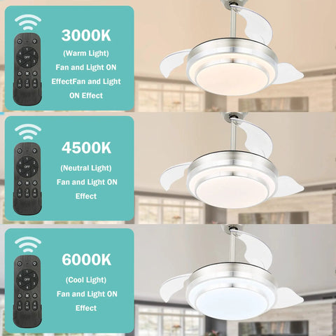 Retractable Ceiling Fan With Lights And Remote, 6 Speed DC Motor, Color Changing LED Lighting in Warm, Neutral, Cool Light Modes