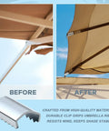 Before and after using 16 Pack Patio Umbrella Rib End Clips 1 Inch For Securing Canopy Fabric And Repairing Ribs