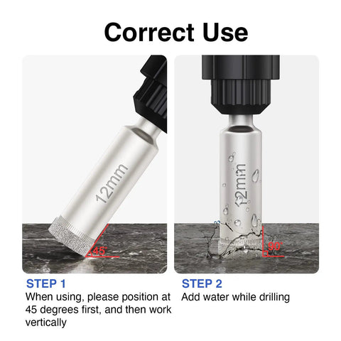 Correct use of 12mm Diamond Drill Bits Hole Saw Kit For Glass And Ceramic Tiles, Marble, Granite, Stone Bottles 6mm To 35mm 12 Piece Set With Diamond Coated Blades