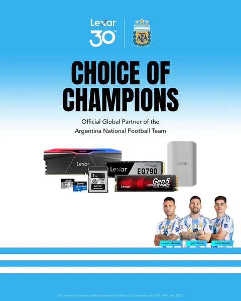 Lexar storage products and Argentina national football team players with 'Choice of Champions' text