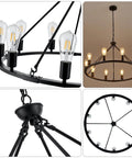 Black Farmhouse Wagon Wheel Chandelier With 10 Lights 31.5 Inch in multiple views, highlighting bulbs and matte black frame.