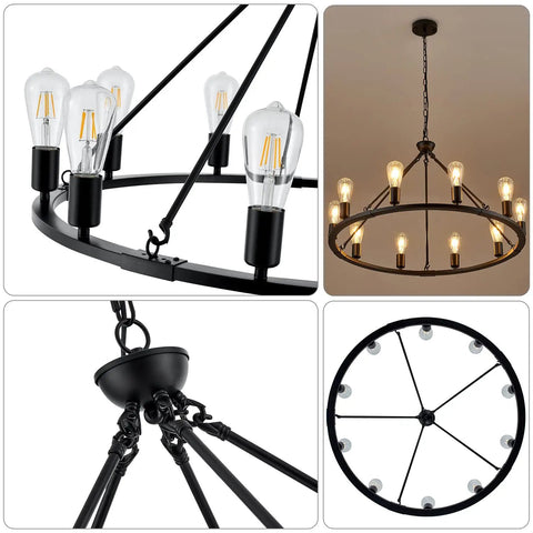 Black Farmhouse Wagon Wheel Chandelier With 10 Lights 31.5 Inch in multiple views, highlighting bulbs and matte black frame.